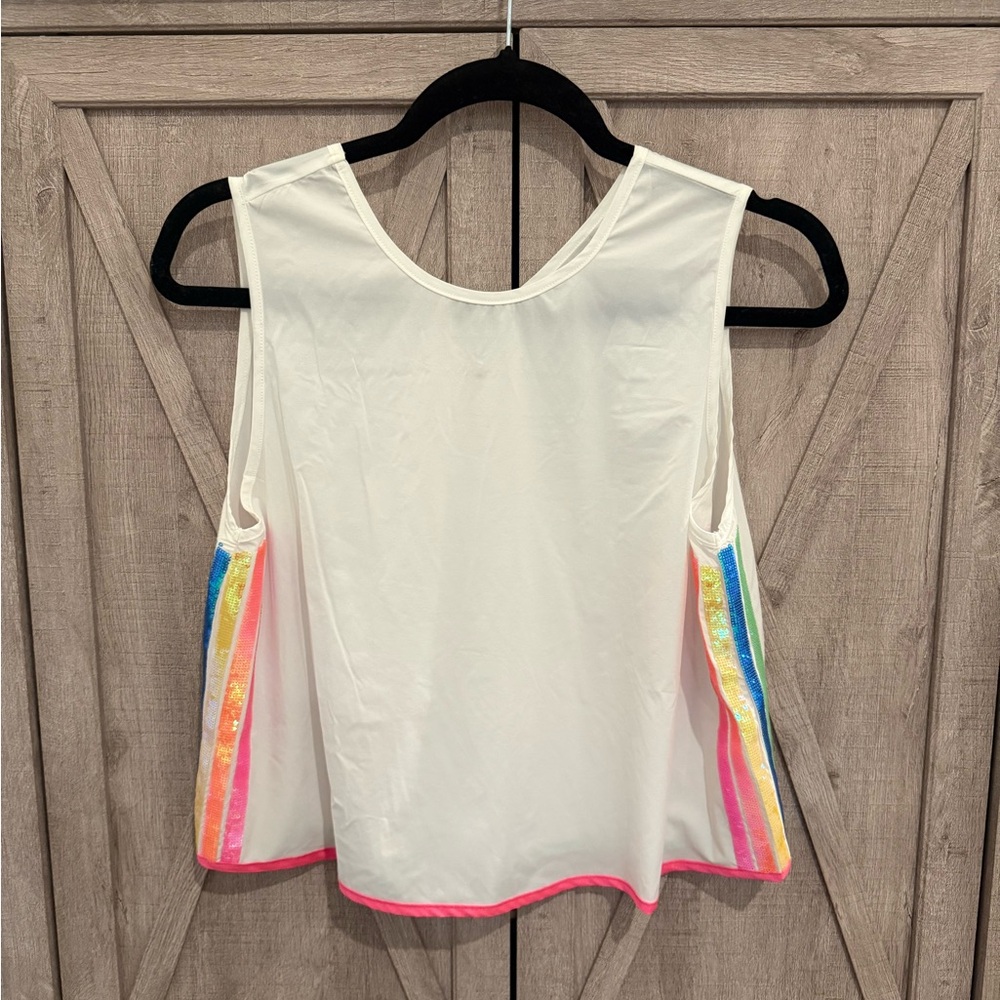 QUEEN OF SPARKLES White Tank Top with Rainbow Sequin Accents NWOT